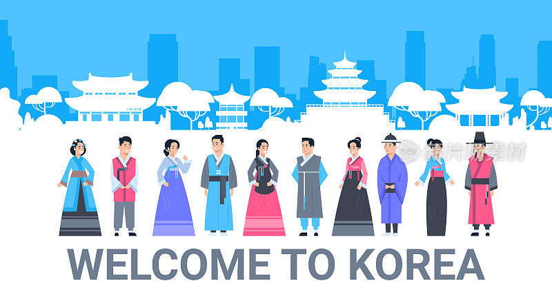 欢迎来到韩国，穿着传统服饰的人们越过韩国著名的宫殿剪影旅游海报