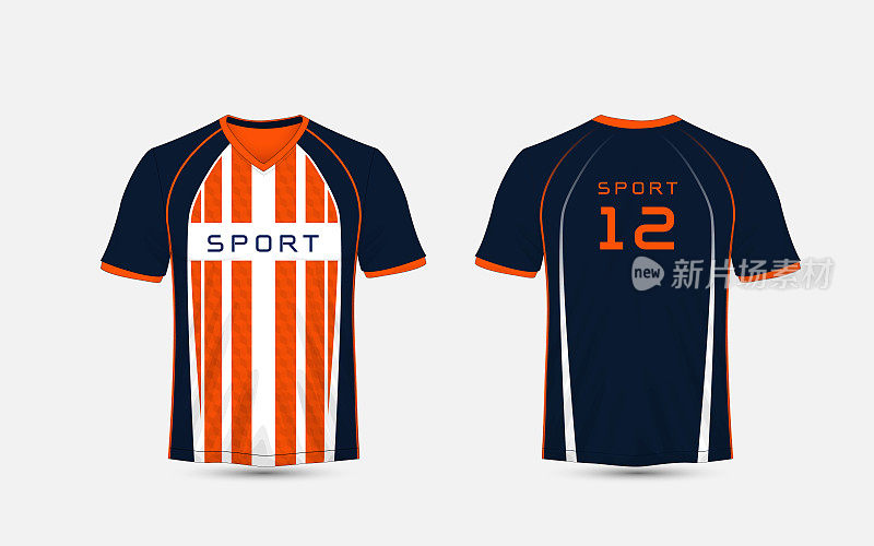 蓝色，白色和橙色条纹图案运动足球套装，运动衫，t恤设计模板