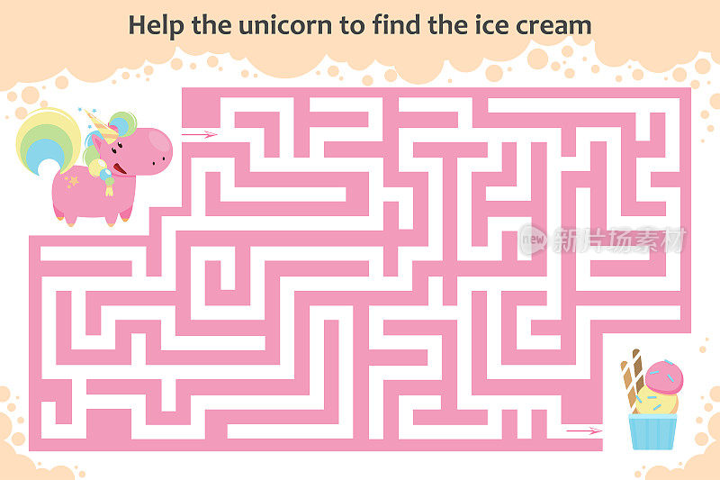向量迷宫游戏。帮助独角兽找到冰淇淋。儿童教育游戏