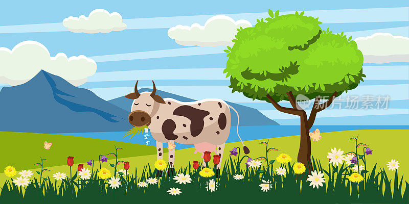 一头牛在草地上吃草在一个景观，卡通风格，矢量插图