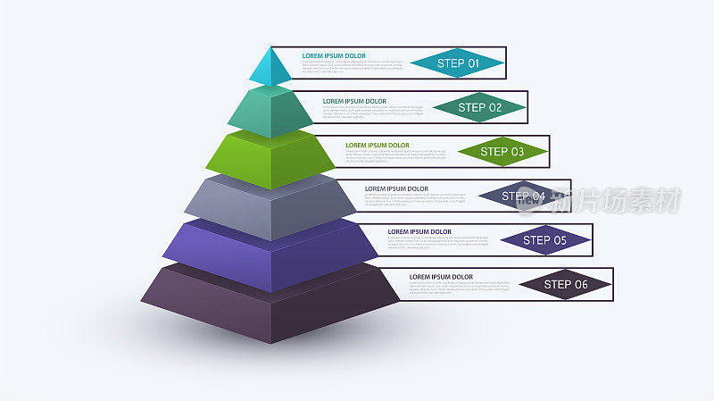 具有阶梯结构的信息图金字塔。商业概念与6个选项部分或步骤。框图、信息图、演示横幅、工作流。