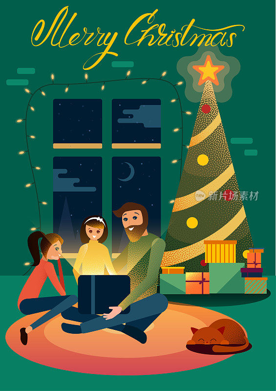 家人和圣诞树的圣诞贺卡。