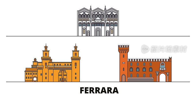 意大利，费拉拉平坦地标矢量插图。意大利，费拉拉线城市以著名的旅游景点，天际线，设计。