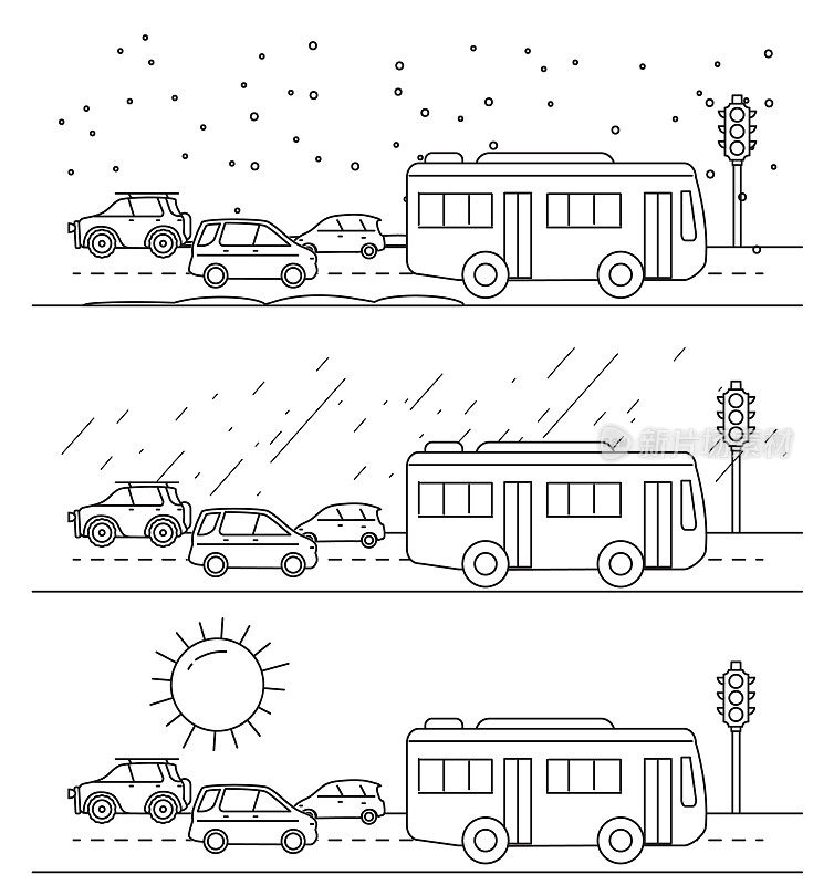 城市通勤交通驾驶天气条件设置在轮廓线艺术风格