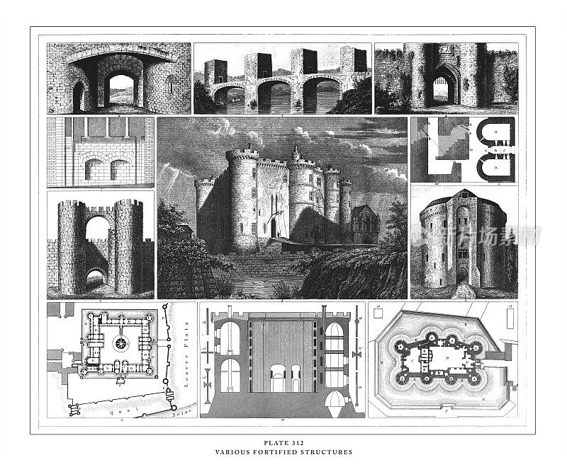 各种加固建筑雕刻古董插图，出版于1851年