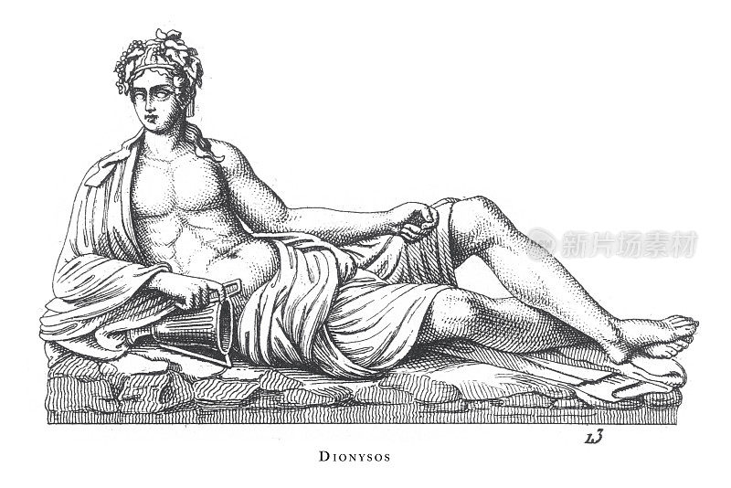酒神和神话人物雕刻古董插图，1851年出版，雕刻古董插图，1851年出版