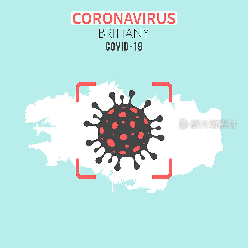 布列塔尼地图，红色取景器中有冠状病毒细胞(COVID-19)