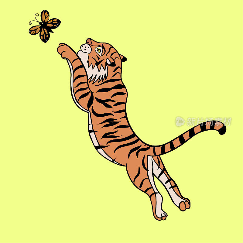 一只老虎在和一只蝴蝶玩。矢量图形。