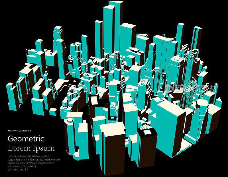 3D俯瞰现代城市建筑景观插画、艺术海报