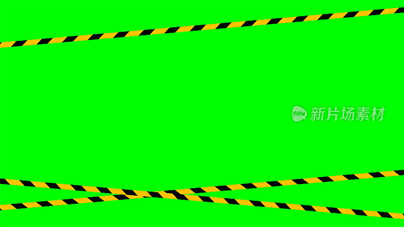 胶带线黄黑条纹图案在绿屏背景上，绿屏视频和安全带，警告胶带线在绿屏颜色上，色度键屏幕上黄黑条纹