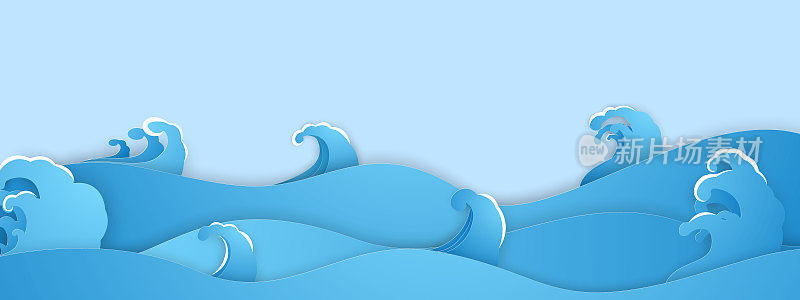 蓝色的海浪背景。现代剪纸背景。3D抽象纸艺术风格，传单海报印刷，