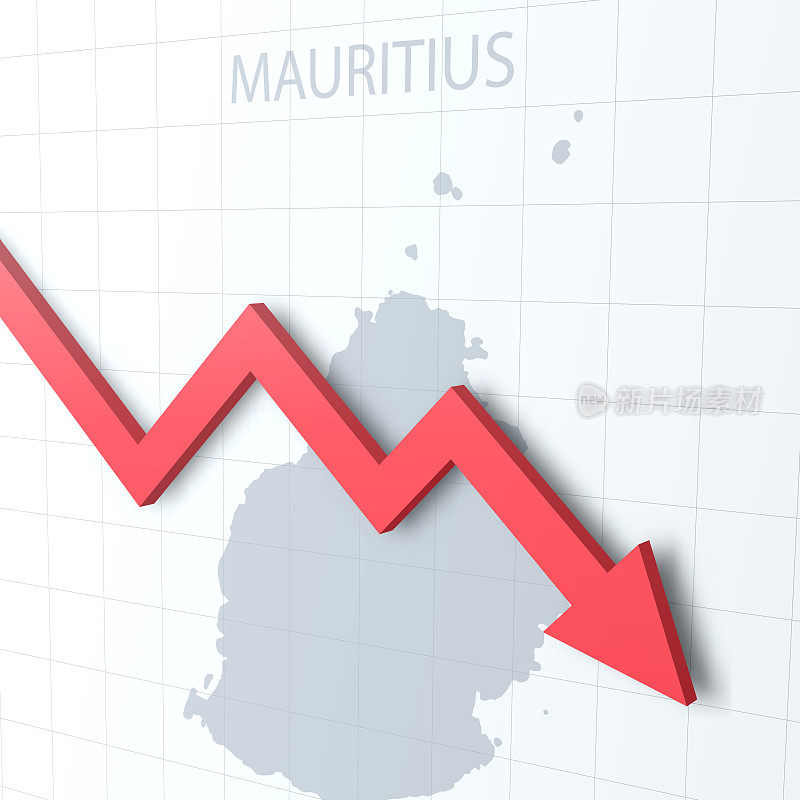 下落的红色箭头与毛里求斯地图的背景
