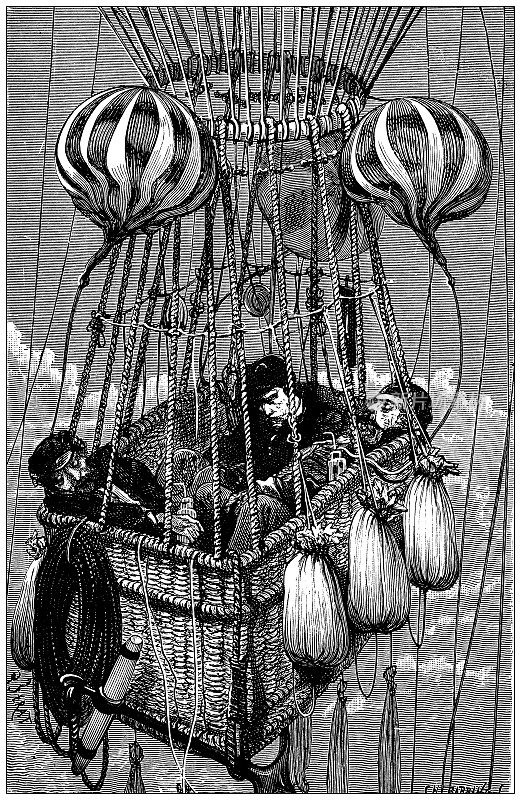 科学发现、实验和发明的古董插图:热气球、天顶大灾难