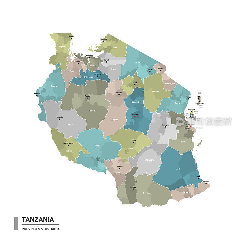 坦桑尼亚高详细地图与细分。