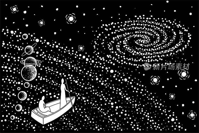 一艘船上的两个灵魂穿越宇宙来到另一个星系。矢量插图。