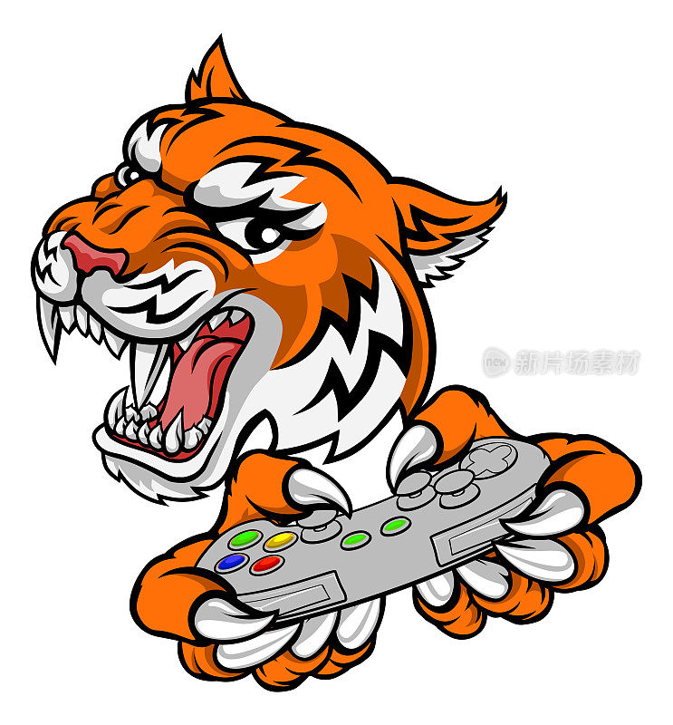 老虎玩家视频游戏控制器卡通吉祥物