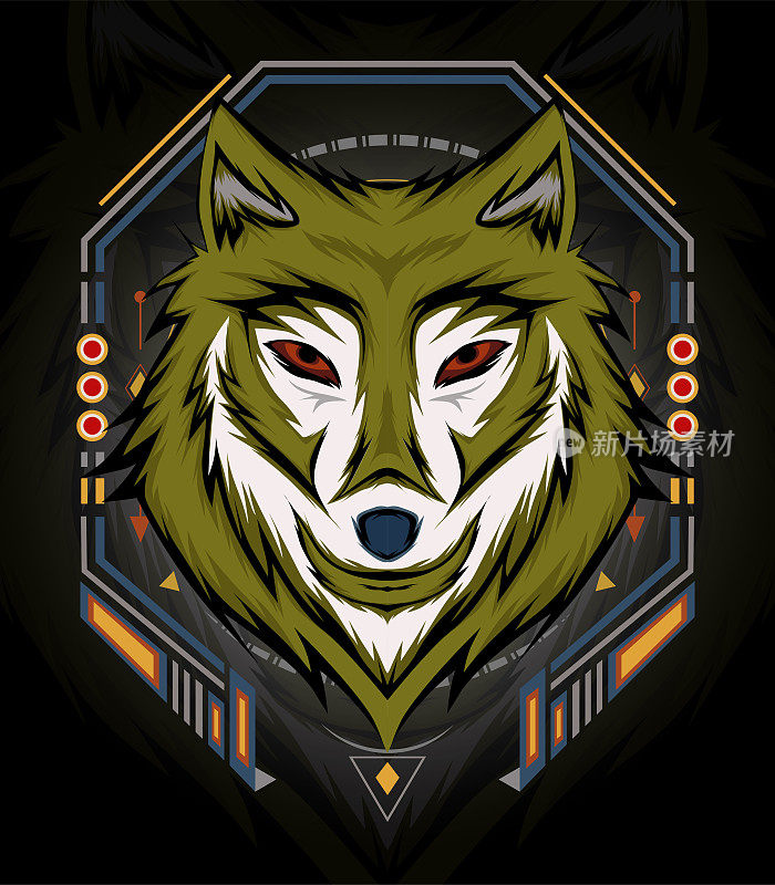 狼面矢量标志设计。狼的吉祥物。正面对称的狼看起来很酷。头狼插图。