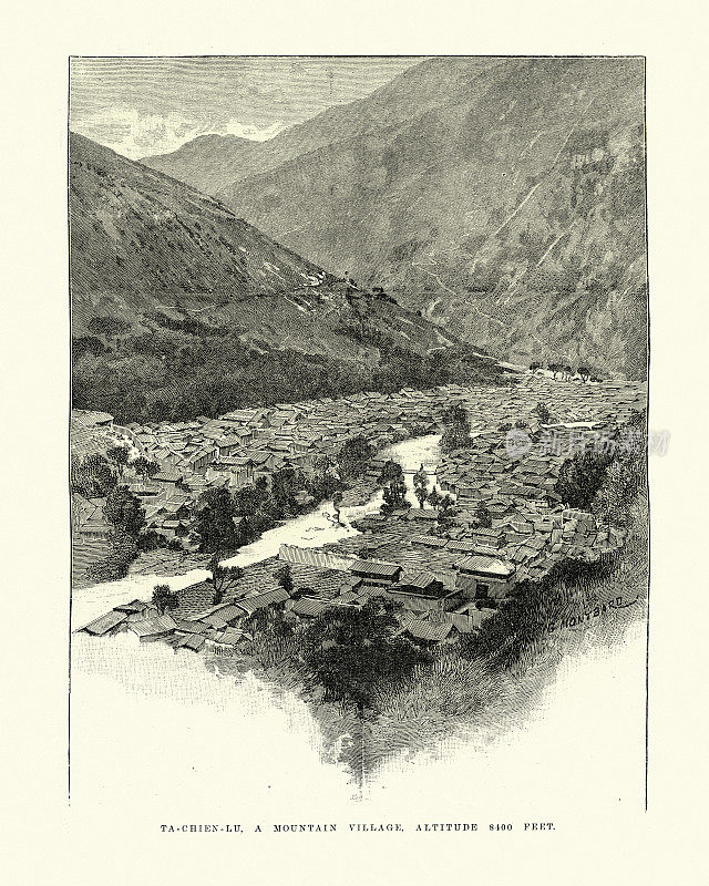 康定(台前路)山村，四川，中国，19世纪
