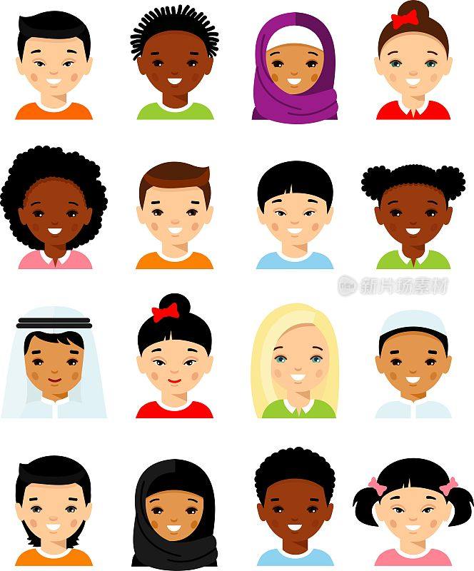 一套不同的阿凡达阿拉伯人，非洲裔美国人，欧洲人，亚洲儿童的脸在多彩的平面风格。