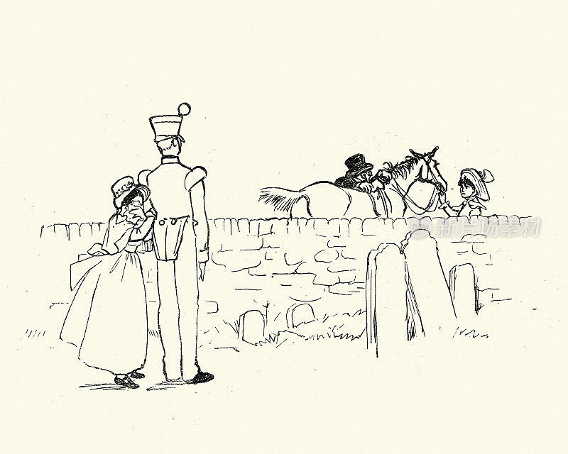 一对年轻夫妇看着牧师骑马离去，维多利亚