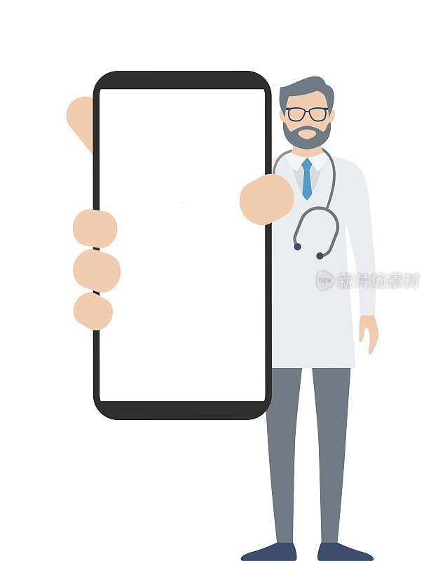 医生展示了一个空白的智能手机屏幕。卡通矢量股票插图