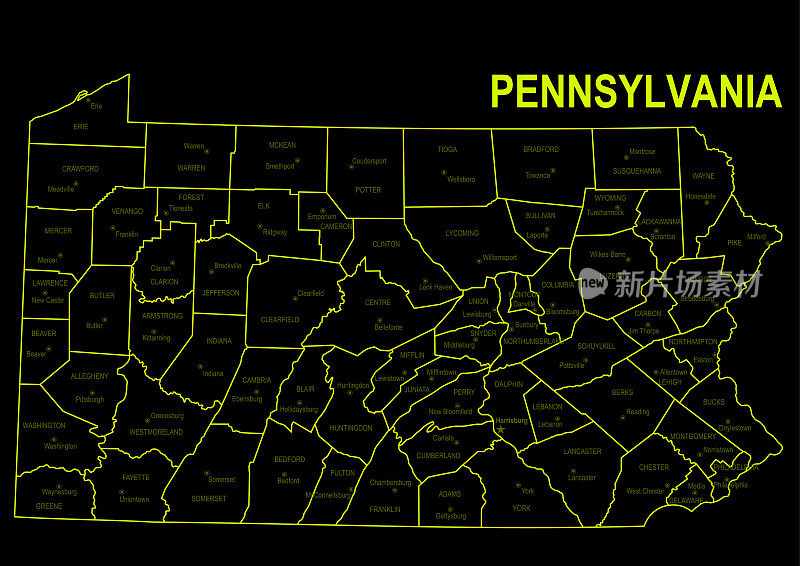 宾夕法尼亚州的霓虹地图以黑色为背景