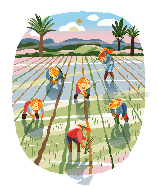 在农业领域工作的亚洲农民。农场与中国，越南，印度或印尼工人矢量插图。男男女女在田里用犁或锄头收割庄稼
