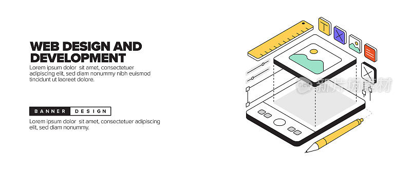 网页设计和发展概念等角网页横幅，海报，封面和横幅的三维设计