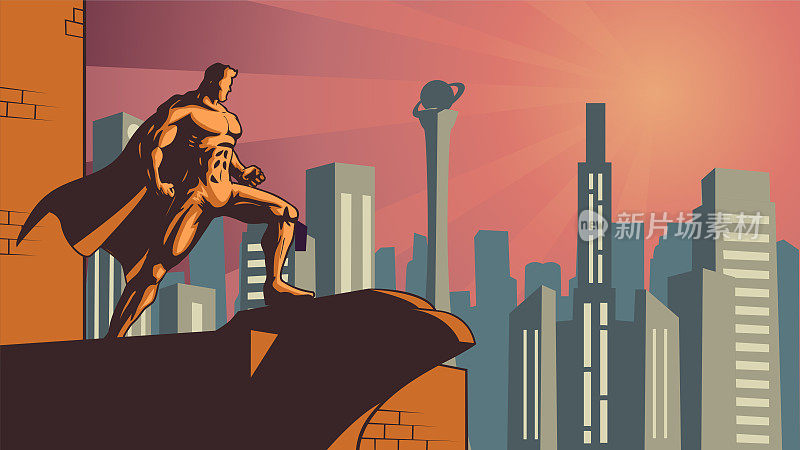向量复古风格的超级英雄在城市股票插图