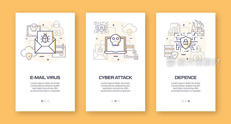 数据安全和网络安全概念入职移动应用程序页面屏幕与平面图标。UI设计模板矢量插图