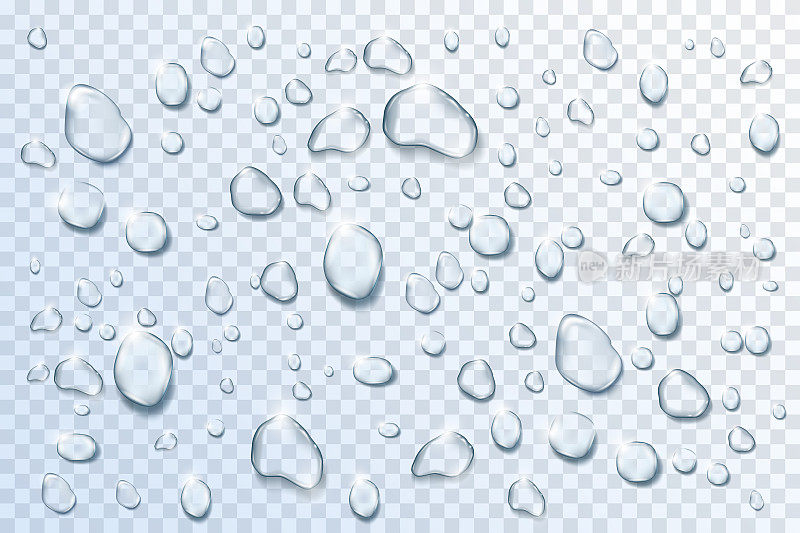 水滴设置在透明的背景。雨滴和露水的液滴矢量插图。在光线下，湿润清澈的水。抽象清新的自然元素，写实的宏观设计