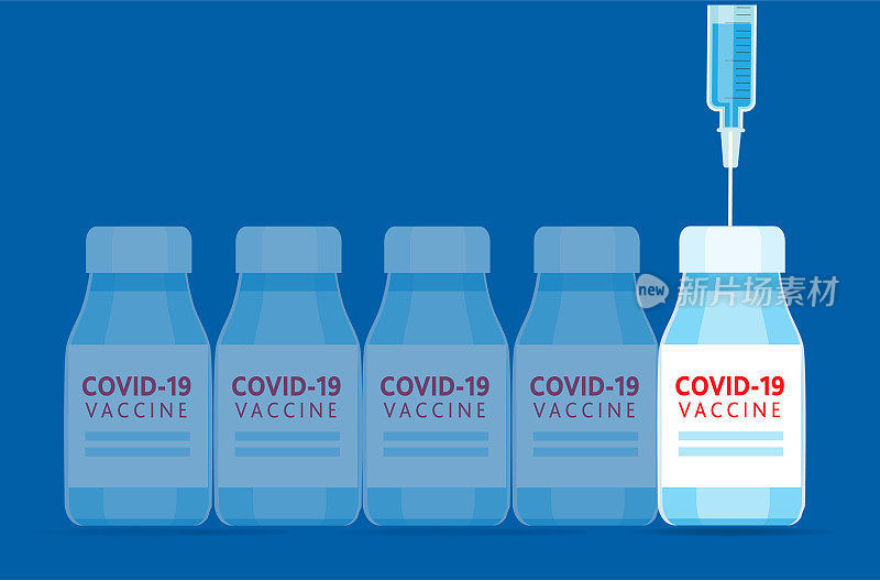 Covid-19流感病毒疫苗注射器和瓶子网页横幅模板设计与文本