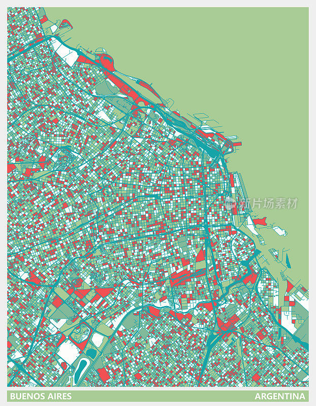 艺术插画风格地图，布宜诺斯艾利斯城市，阿根廷