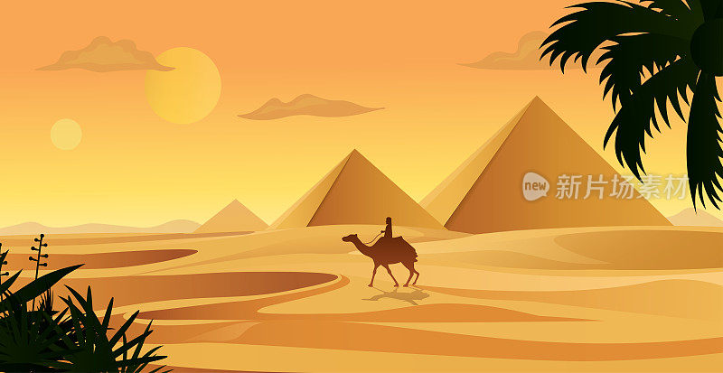 沙漠景色与骆驼在日落，剪影设计的男人和骆驼走过沙漠，沙漠旅行。