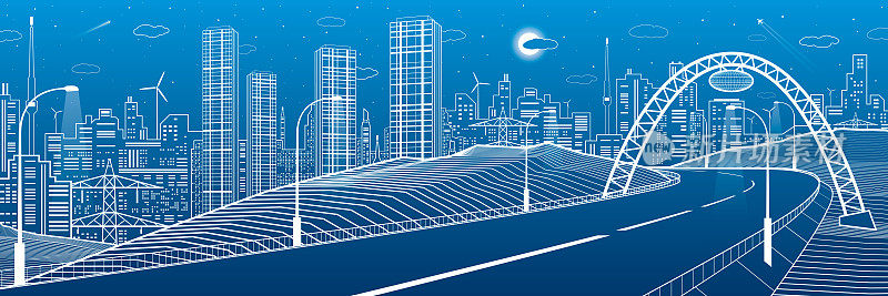 桥下的公路。现代夜城，霓虹灯城。基础设施概述插图，城市场景。蓝底白线。矢量设计艺术