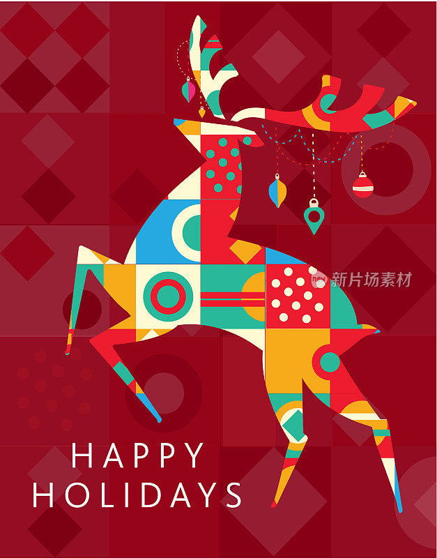 节日快乐贺卡平面设计模板与鹿几何形状和简单的图标