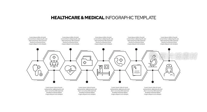 医疗保健和医疗概念矢量线信息图形设计图标。9选项或步骤的介绍，横幅，工作流程布局，流程图等。
