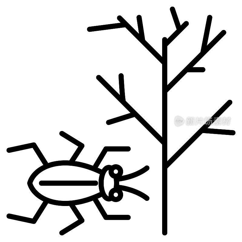 一只甲虫和一棵没有叶子的树。园林害虫，树皮甲虫。园艺、农学。矢量图标，轮廓，孤立