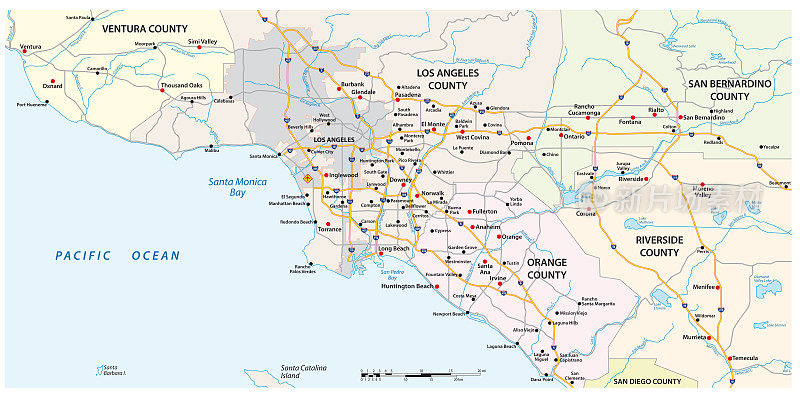 矢量街道地图大洛杉矶地区，加利福尼亚，美国