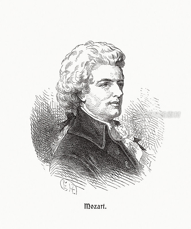 奥地利作曲家莫扎特(1756-1791)，木版画，1900年出版