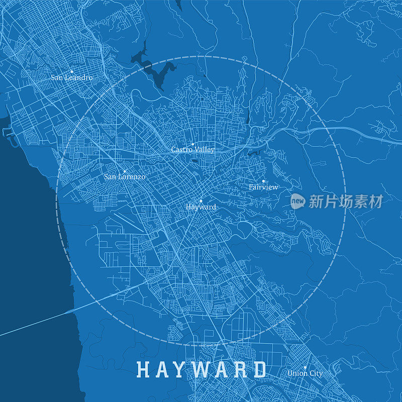 海沃德CA城市矢量道路地图蓝色文本