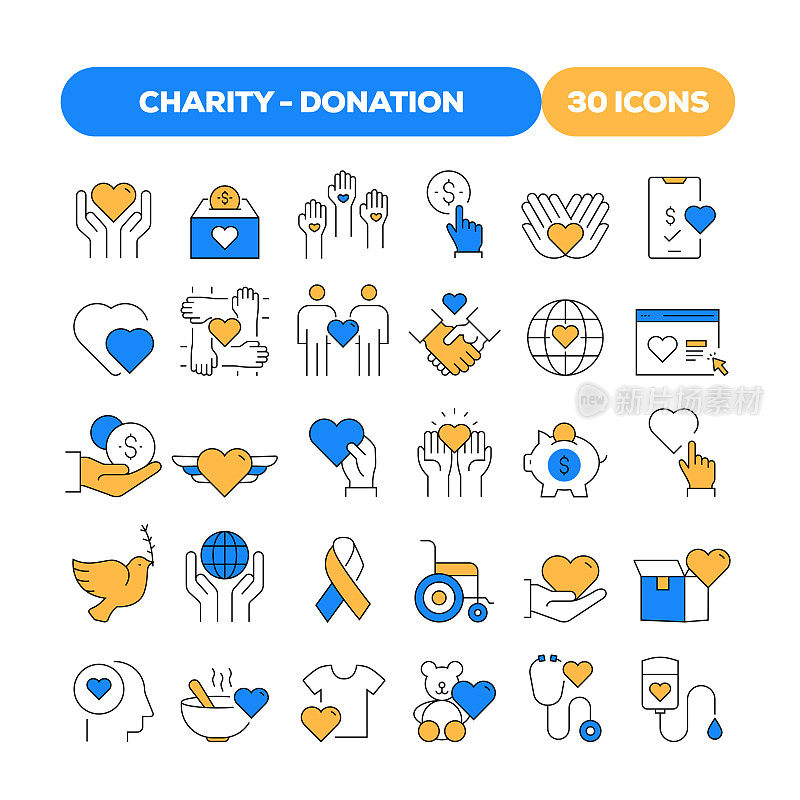 一套慈善和捐赠相关的平线图标。大纲符号集合