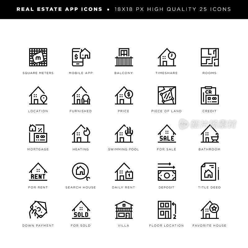房地产图标的用户界面，移动应用程序，网站等。