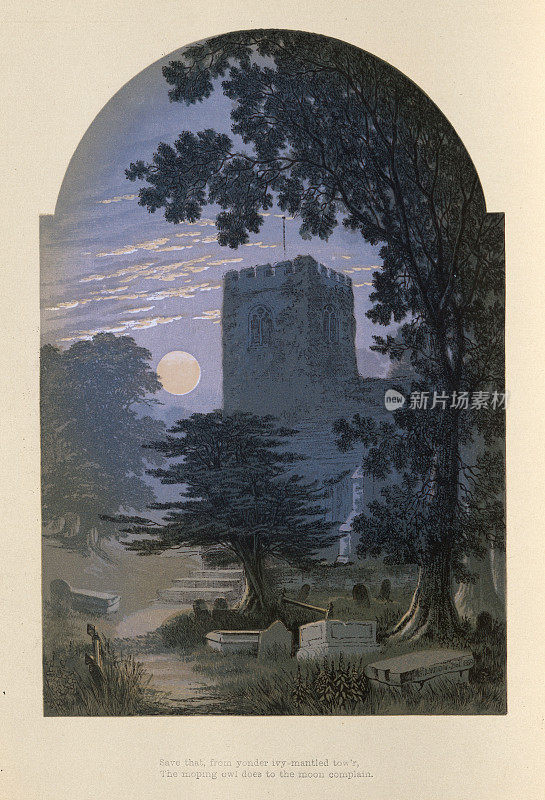 满月和月光，教堂和墓地，阴森的墓地，紫杉树，维多利亚时代的英国艺术，19世纪