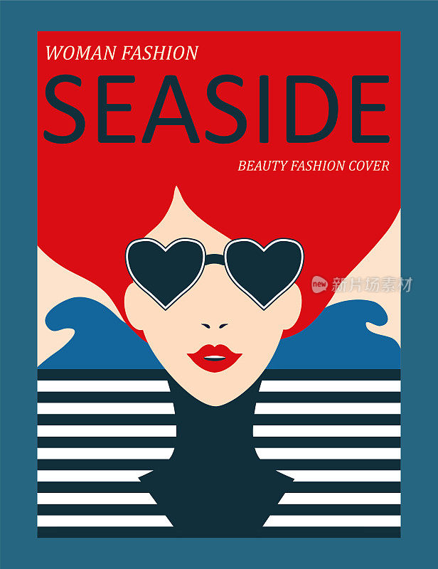 海洋背景下的红色头发和条纹连衣裙的女人。时尚杂志封面设计