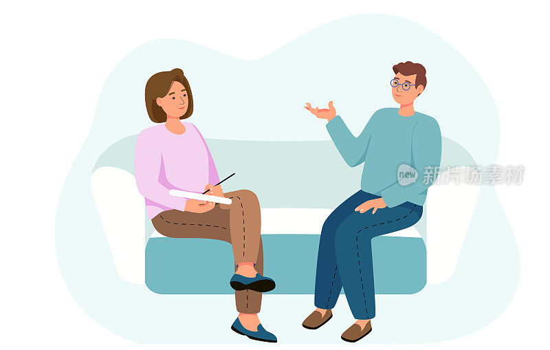 一个男人去看心理医生。病人坐在沙发上和精神科医生交谈。矢量插图治疗会议