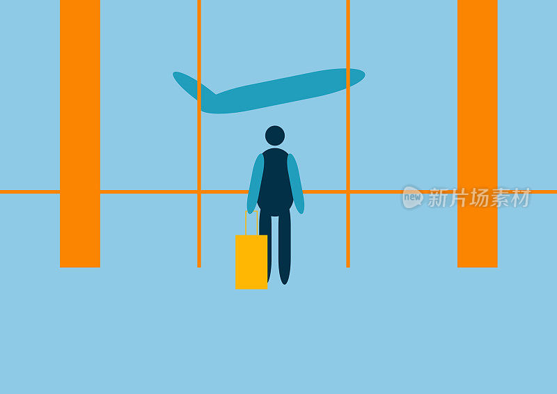 旅游和飞机旅行的概念。矢量平面人插图。带着行李站在机场出发的男子，有飞机背景。