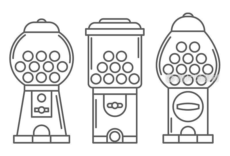 口香糖机流水线图标设置。复古的糖果和泡泡糖自动售货机。糖果槽矢量插图孤立在白色背景上
