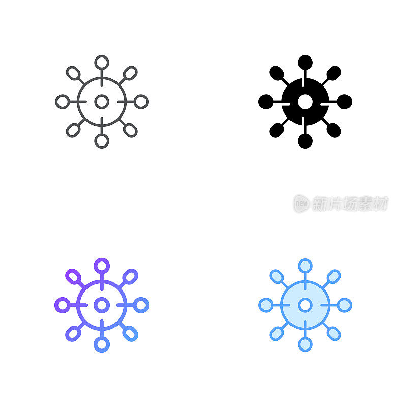 病毒图标设计四种风格，具有可编辑的边框。线，实线，平线和颜色梯度线。适用于网页、移动应用、UI、UX和GUI设计。