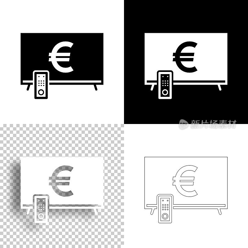 带有欧洲标志的电视。图标设计。空白，白色和黑色背景-线图标